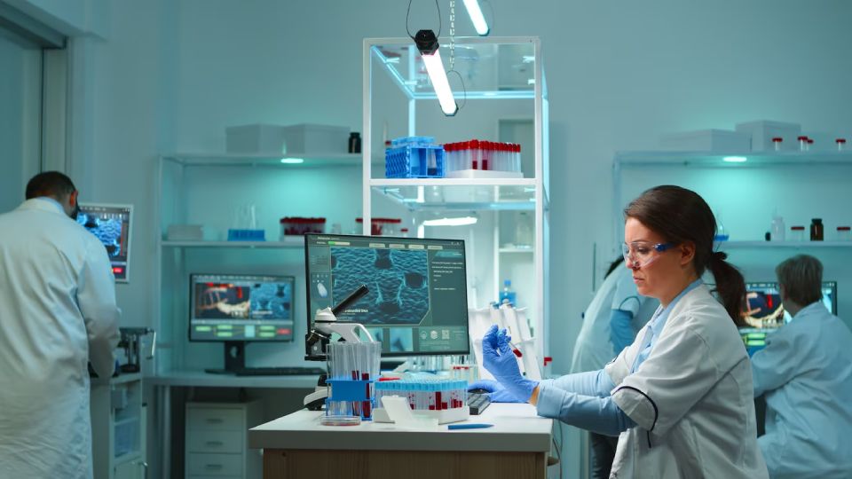Scientists in lab coats conducting research in a modern laboratory equipped with advanced technological instruments.