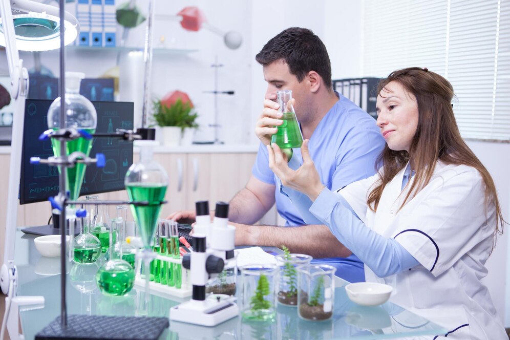 Two scientists examining green liquid in a flask in a modern laboratory filled with equipment and digital screens.