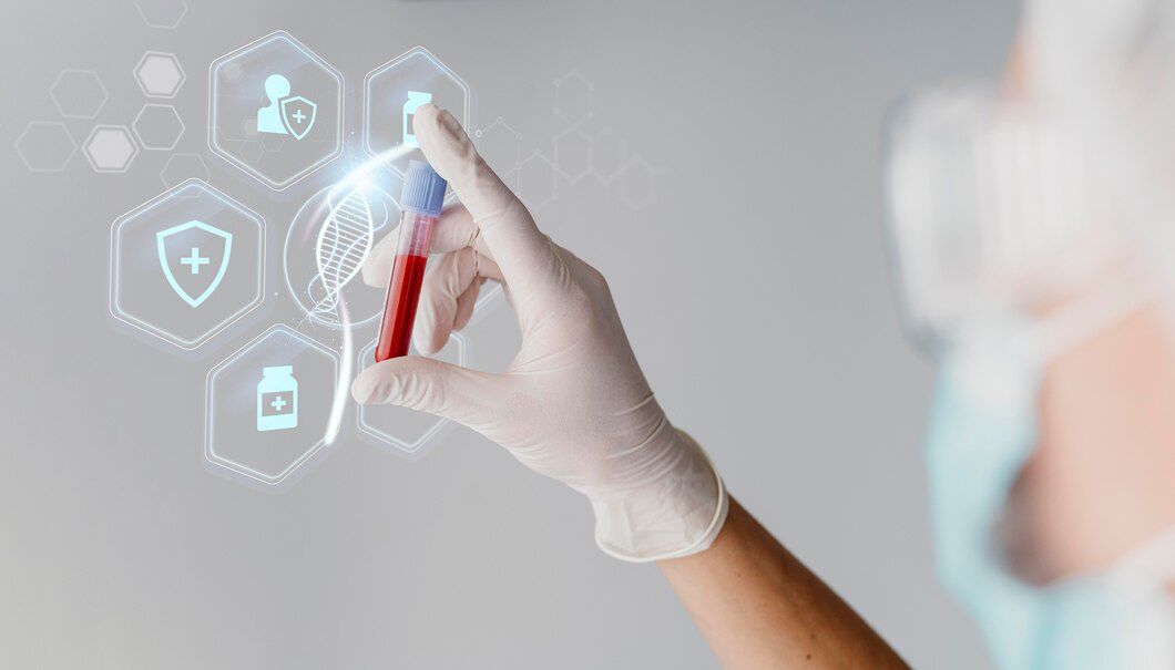 Healthcare worker in gloves holding a blood sample vial with futuristic digital healthcare icons in the background.