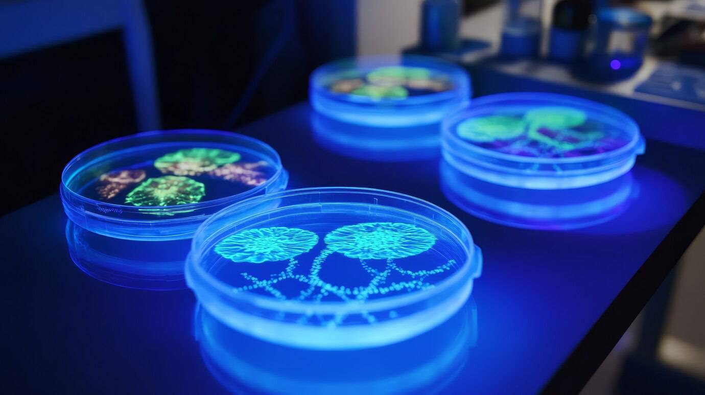 Several petri dishes glowing under blue light, each containing different fluorescent biological samples.