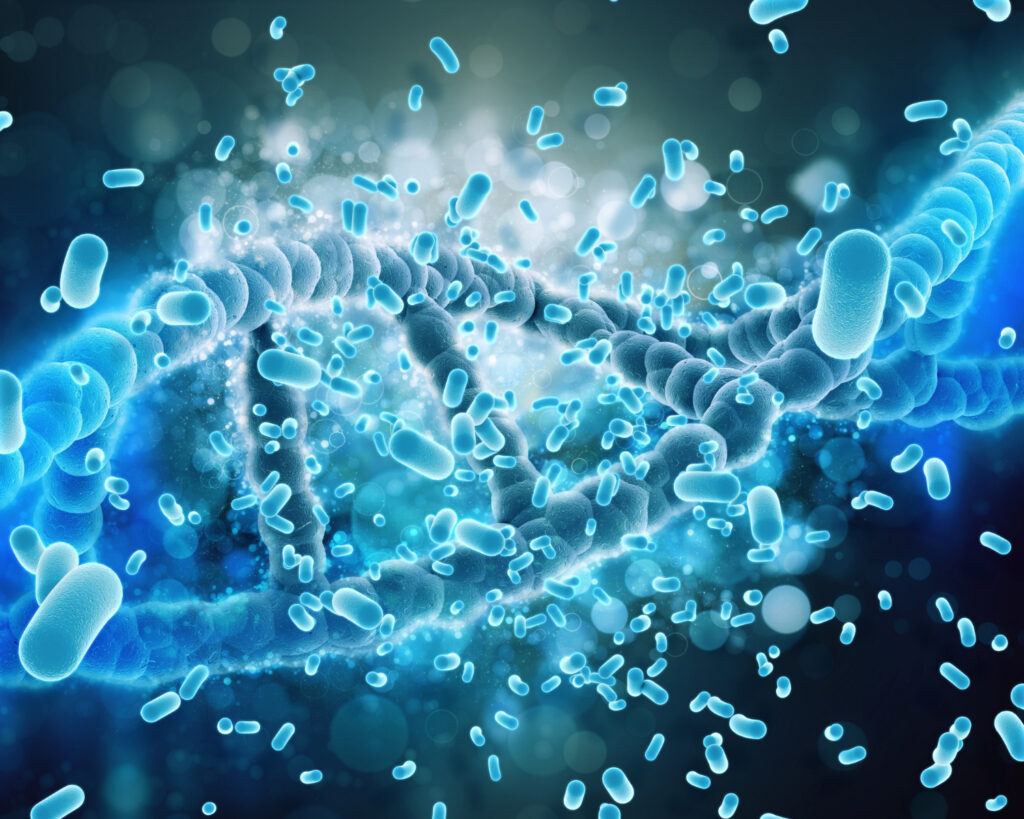 A digital illustration of DNA strands surrounded by blue bacteria, set against a shimmering blue and black background