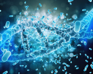 A digital illustration of DNA strands surrounded by blue bacteria, set against a shimmering blue and black background