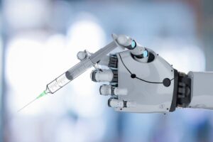 A robotic hand expertly holds a syringe, poised to administer a medical injection