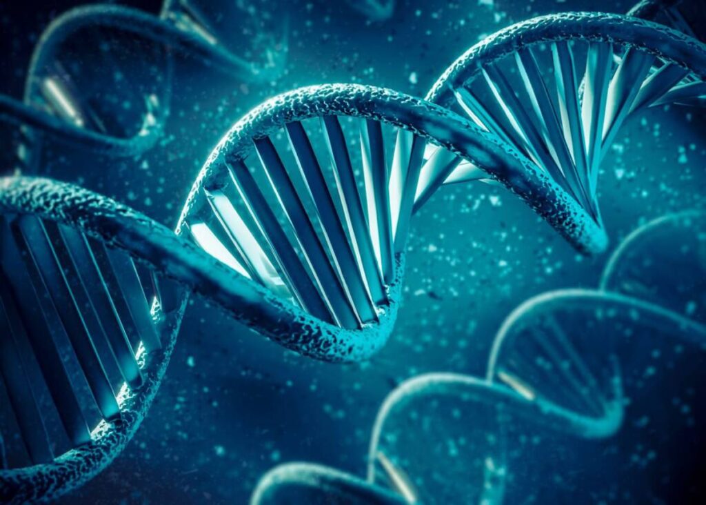 Illustration of multiple DNA strands with a deep blue hue and sparkling particles, highlighting genetic structures in detail.