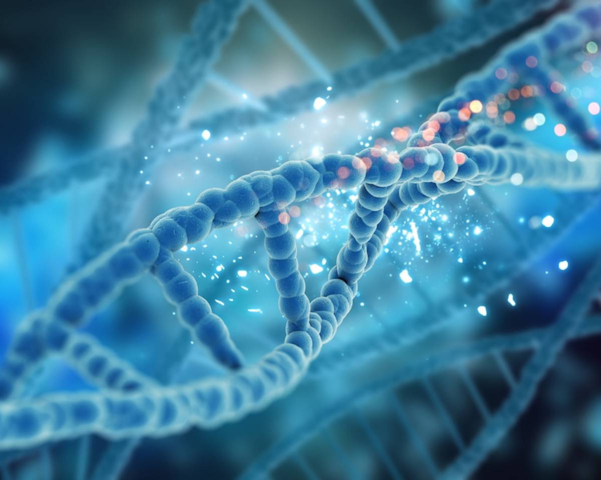 Digitally enhanced depiction of a DNA double helix with glowing particles, highlighting genetic structure and research.