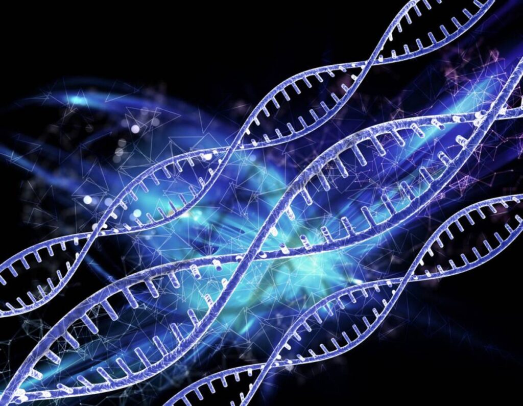 Illustration of glowing DNA strands with blue and white highlights on a dark background, suggesting advanced biotechnology or genetics concept.