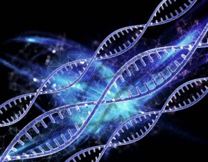 Illustration of glowing DNA strands with blue and white highlights on a dark background, suggesting advanced biotechnology or genetics concept.