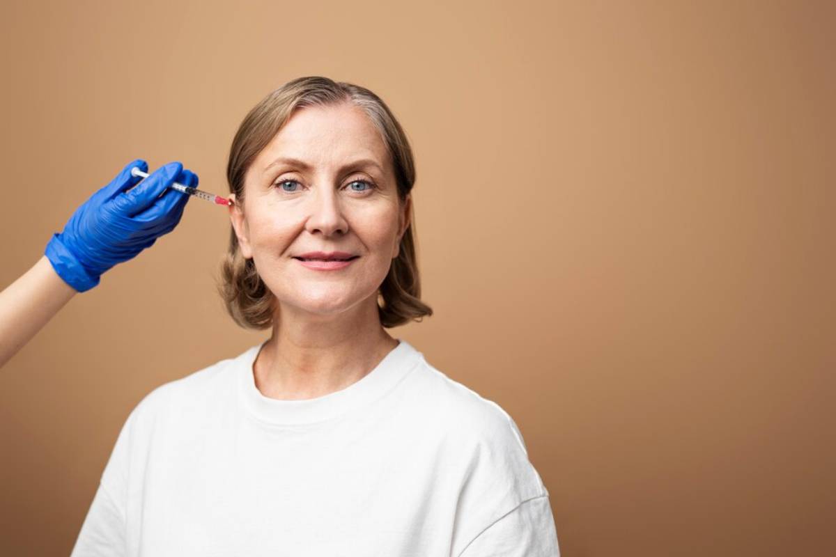 A mature woman smiling while receiving a facial injection from a person in blue gloves against a beige background.