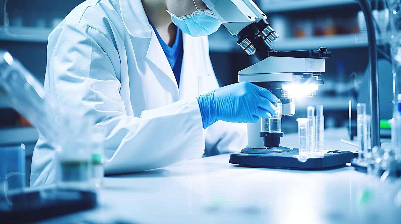 A scientist in a lab coat uses a microscope in a modern laboratory setting.
