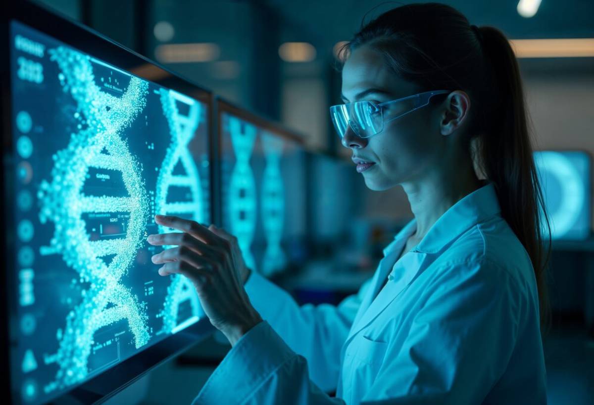 Scientist in lab coat examining a glowing DNA structure on a large digital screen in a dimly lit room.