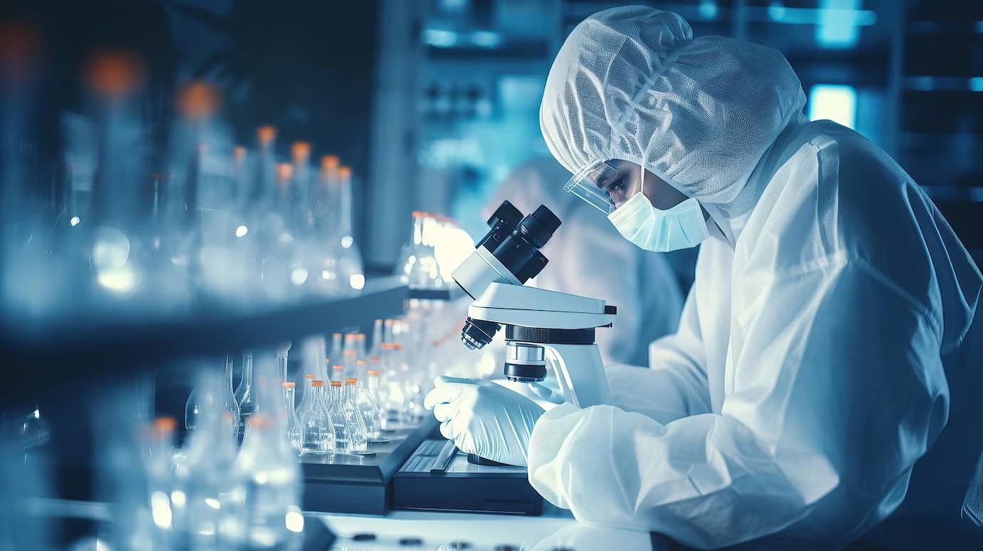 Scientist in protective gear using a microscope in a laboratory with glassware in the background.