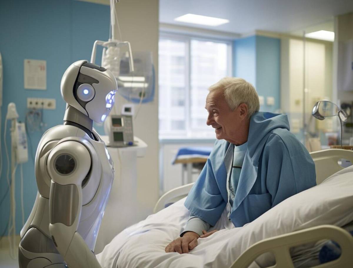 An elderly man in a hospital bed smiles at a humanoid robot in a clinical setting.