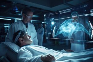 A medical professional analyzes a 3D holographic image of a patient's lungs while the patient lies on an examination bed.