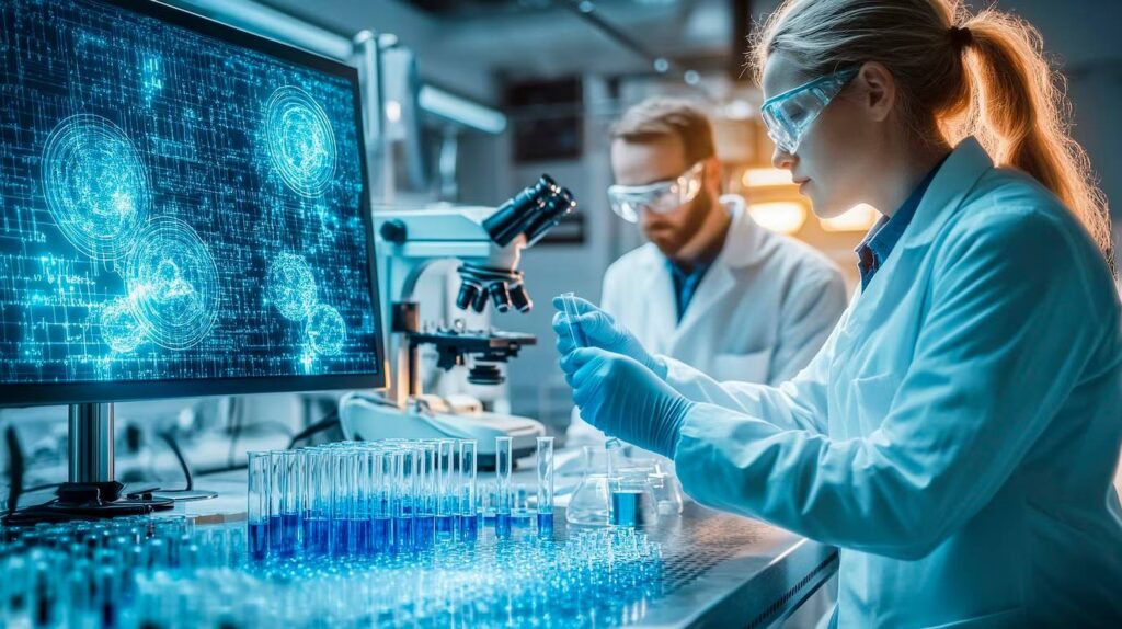 Two scientists analyzing data and samples in a high-tech laboratory with digital screens displaying brain scans.