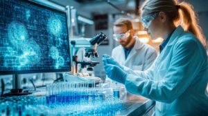 Two scientists analyzing data and samples in a high-tech laboratory with digital screens displaying brain scans.