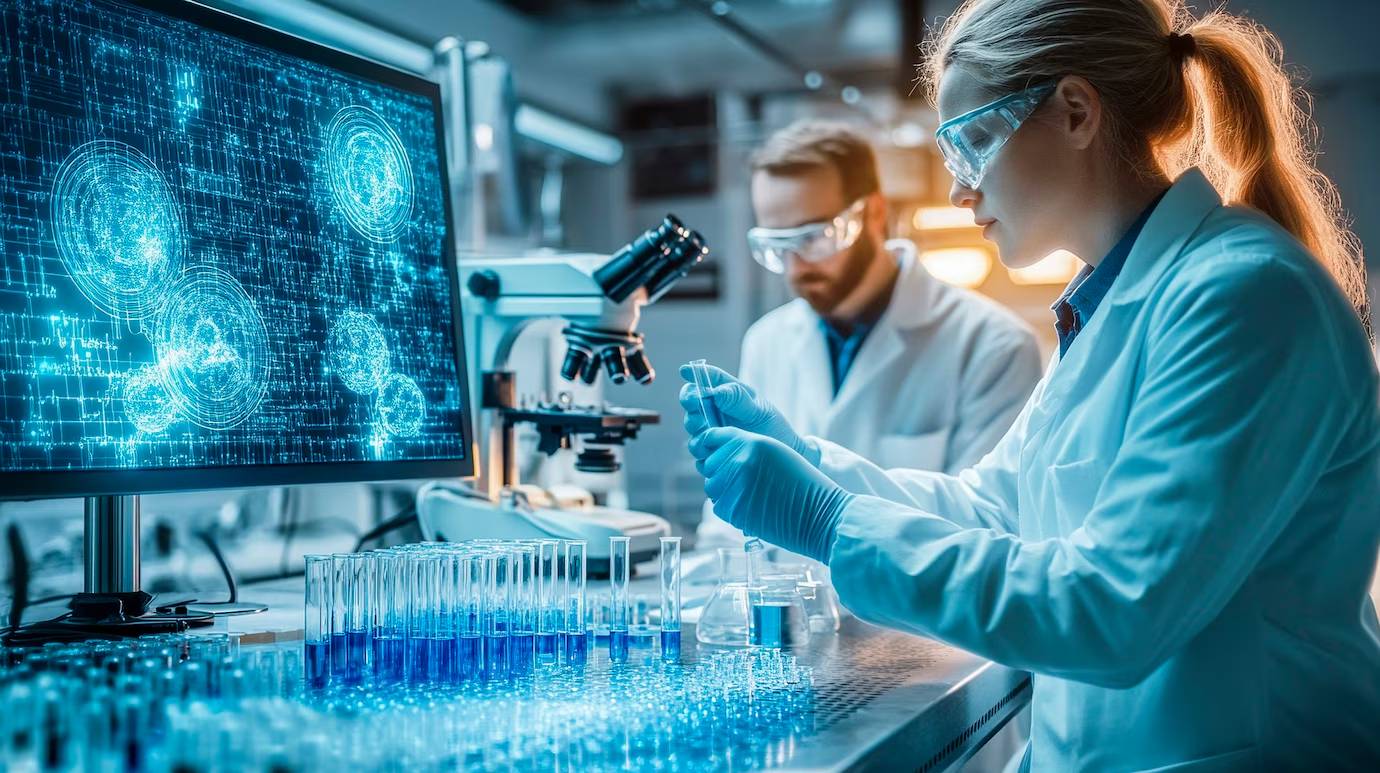 Two scientists analyzing data and samples in a high-tech laboratory with digital screens displaying brain scans.