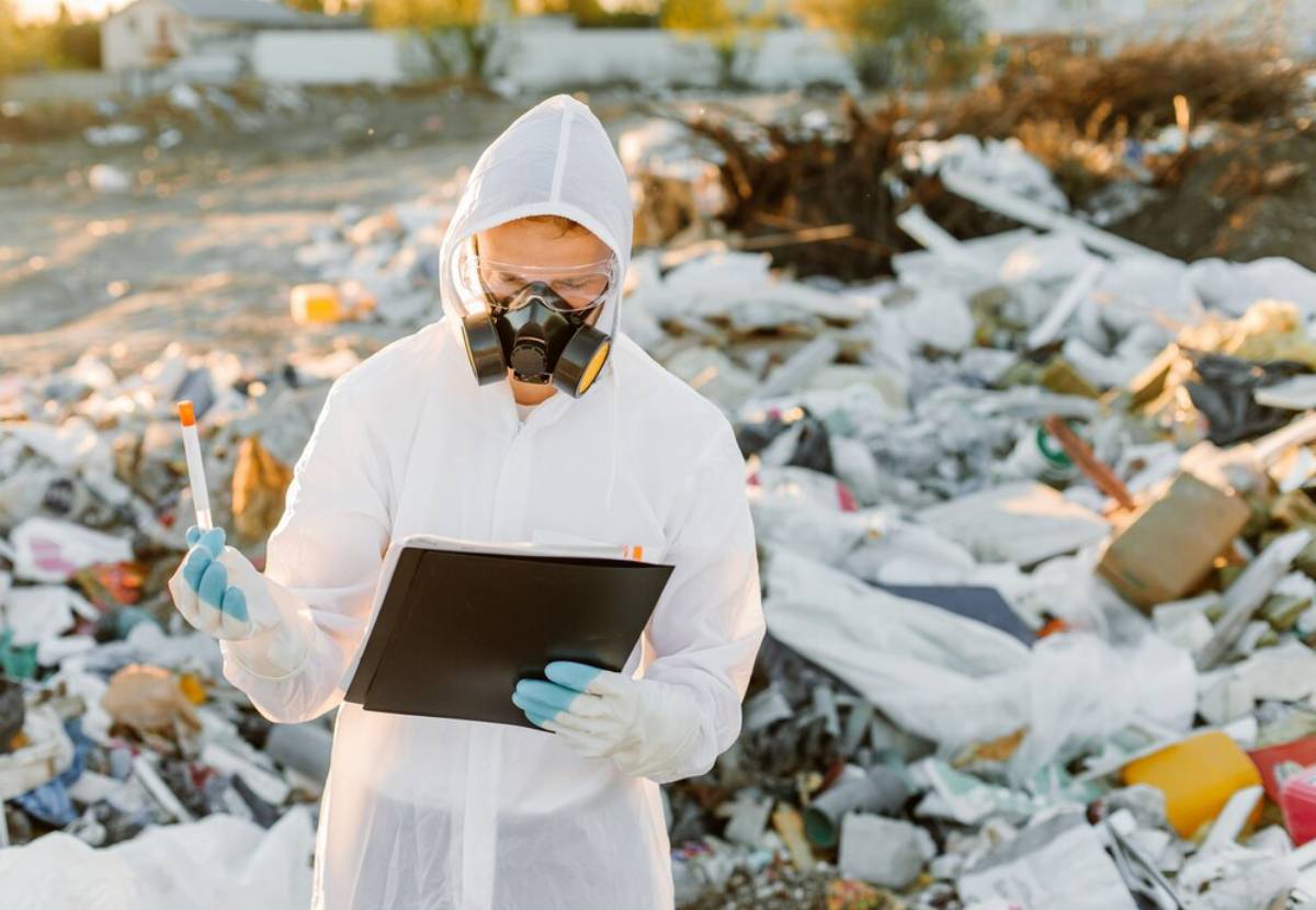 Environmental scientist in protective suit and mask examines pollution at a landfill while holding test tubes and a clipboard.