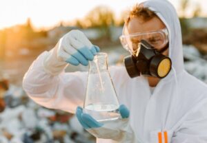 Scientist in protective gear examines a flask of clear liquid at a landfill site during sunset.