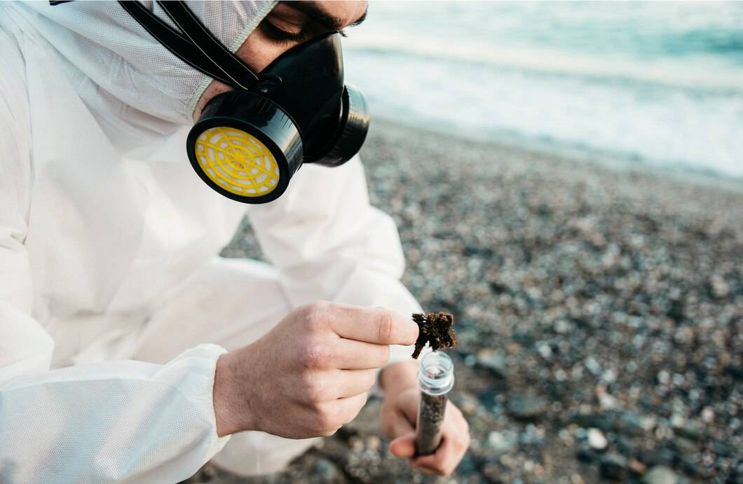Person in protective suit and gas mask examines substance in test tube on a pebbly beach.