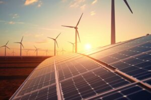 Solar panels in the foreground with wind turbines and a sunset in the background.